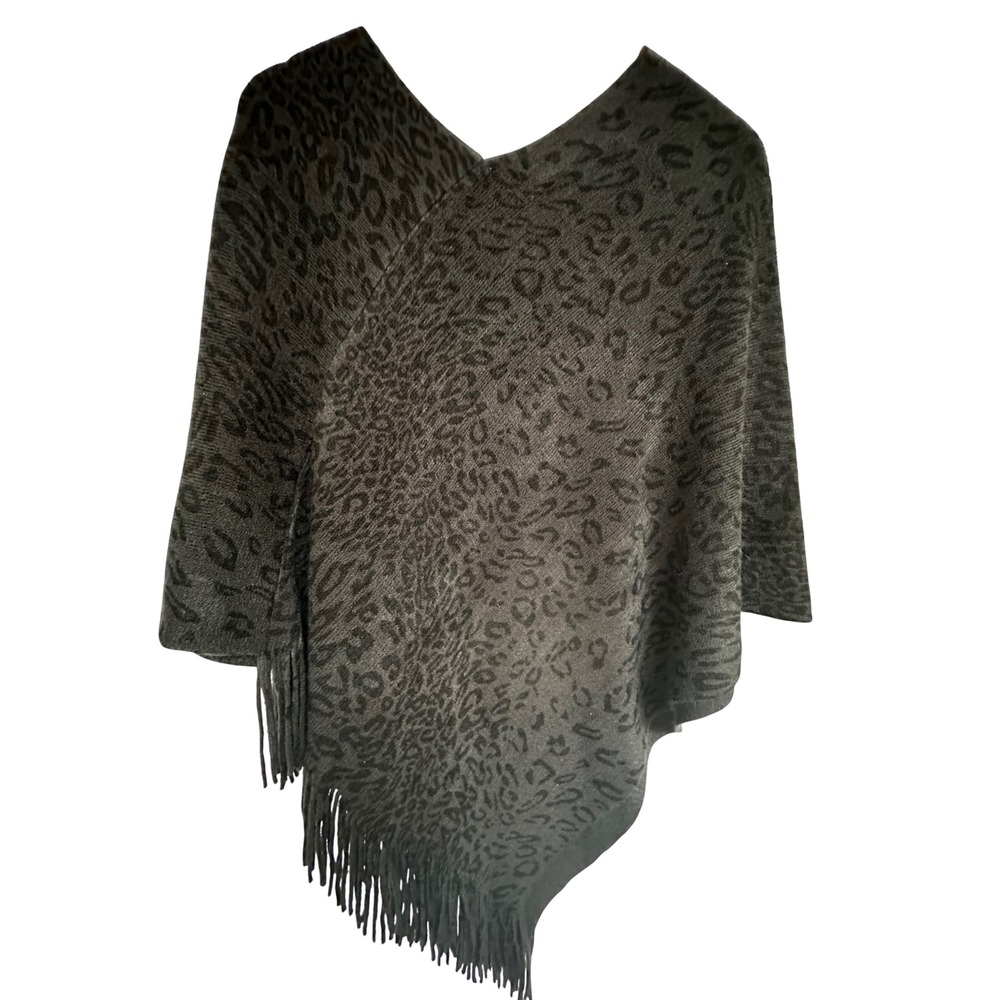 Chico's Leopard Print Fringe Poncho Wrap Charcoal Gray Black Size L/XL Layering - Picture 4 of 6